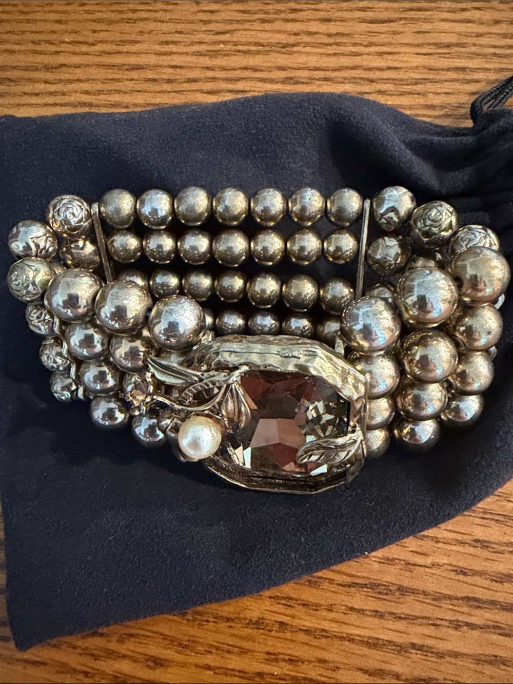 Sara Campbell Gunmetal Beaded Multi-Strand Bracelet with Smoky Crystal